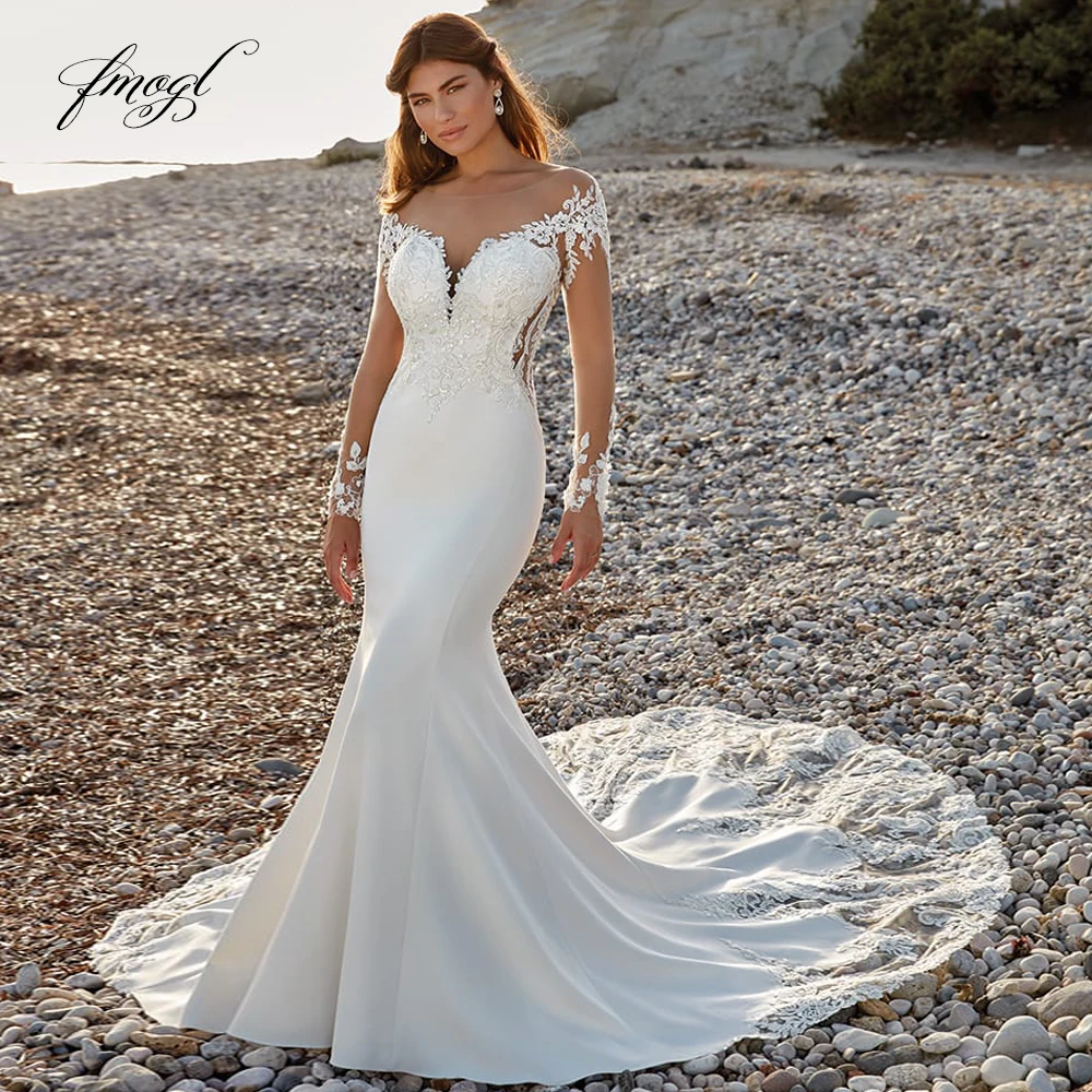 

Fmogl Sexy Illusion Long Sleeve Soft Satin Mermaid Wedding Dress Luxury Appliques Beaded Court Train Trumpet Bridal Gowns