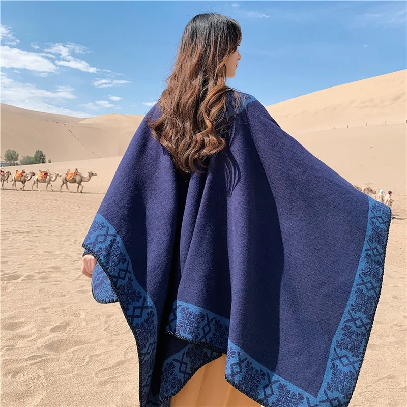 2021 Square Female Poncho 130*150cm Imitation Cashmere Wool Women Scarf Femme Pashmina Shawl Show Blanket Coat Winter Excharpe