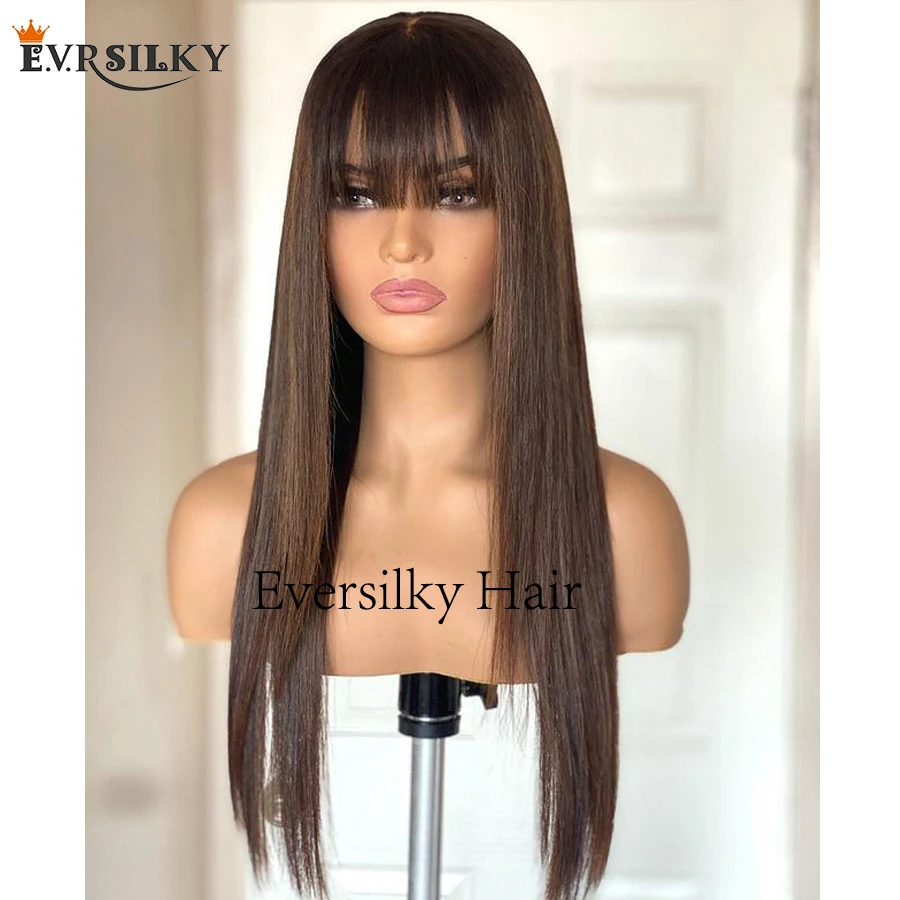 200Density Silky Straight Fringe Human Hair Wigs with Bangs Glueless Highlight Brown 13x6 Deep Part Lace Front Wigs Remy Hair