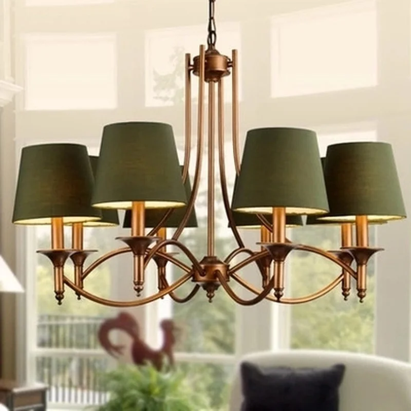 

American Bronze Metal Led Chandeliers Lighting Fabric Shades Living Room Led Pendant Chandelier Lights Hanging Lamp Fixtures