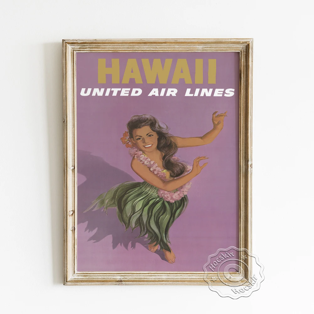 

Hawaii United Air Lines Advertising Poster, Travel Scenery Spot Publicity Canvas Painting, Hawaiian Dance Hula Art Illustration