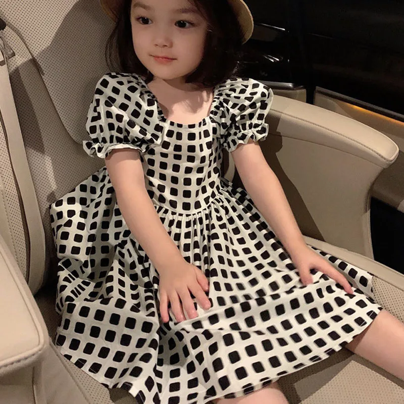 Summer Girls Dress Small Floral Plaid Princess Dress 2021Small Fresh Short-Sleeved Baby Kids Clothes Children\'S Clothing