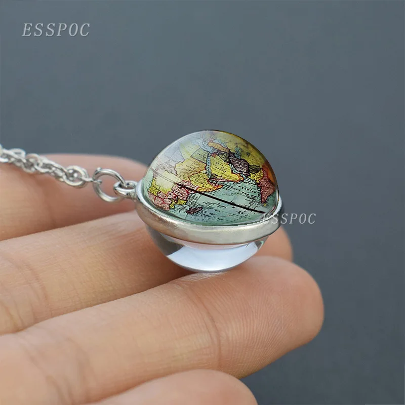 New Arrivals Charm Double Sided Necklace Planet Earth World Map Pendant Glass Ball Necklace for Women Men