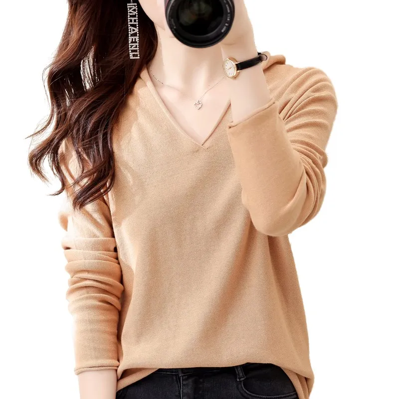 Loose Lazy V-neck Knitted Sweater Women Fall Winter Pure Cotton Pullovers Women\'s Long Sleeve Tops