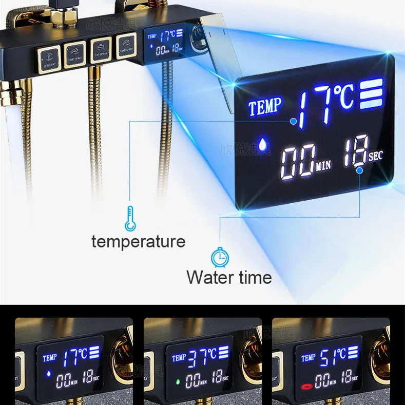 Digital Shower Set for Four Function Gold Thermostatic Shower System Rainfall Shower Head Copper Bath Faucet Digital Shower Sets