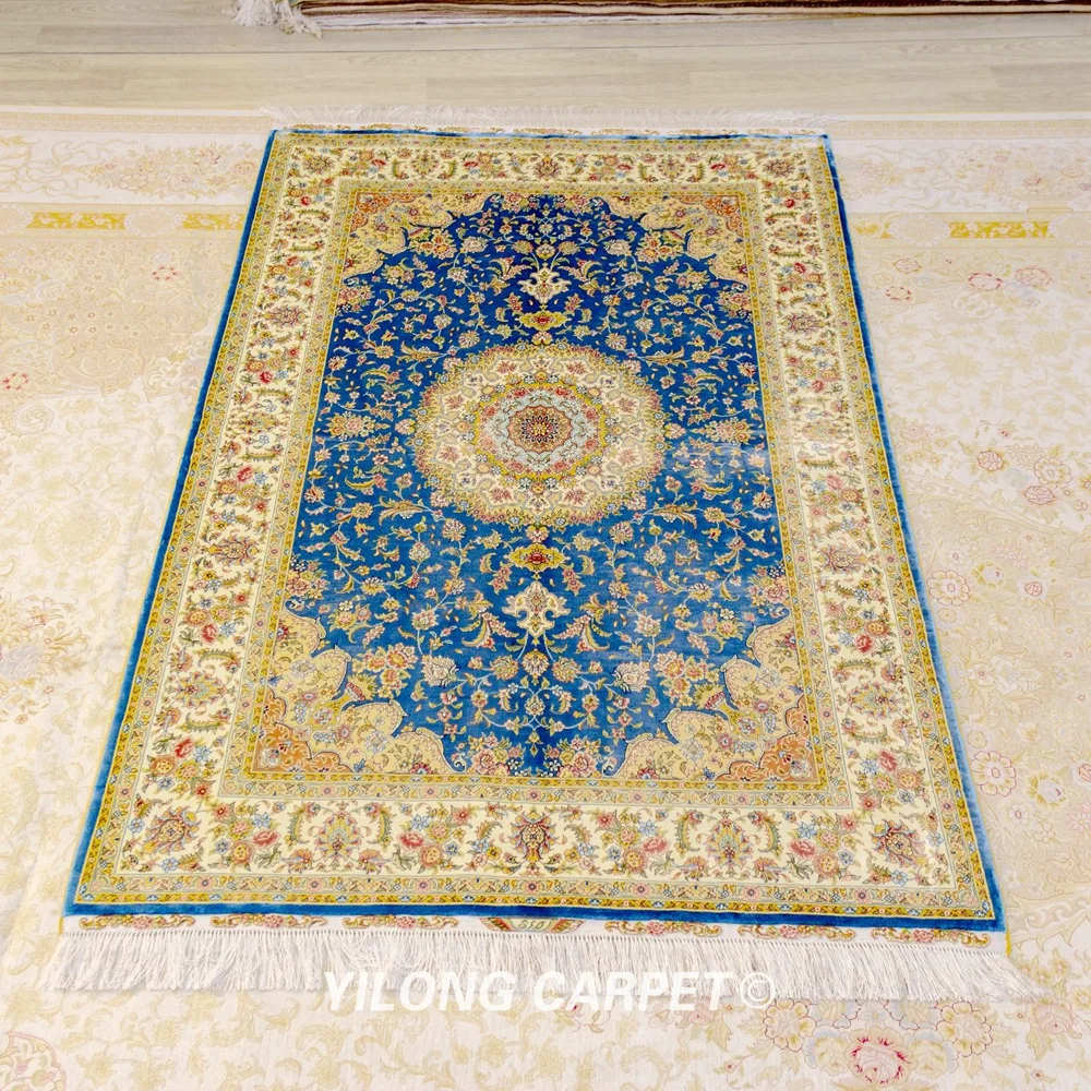 

Yilong 4'x6' Handmade Persian Classic Rugs Turkish Blue Medallion Silk Carpet (YWX118A)