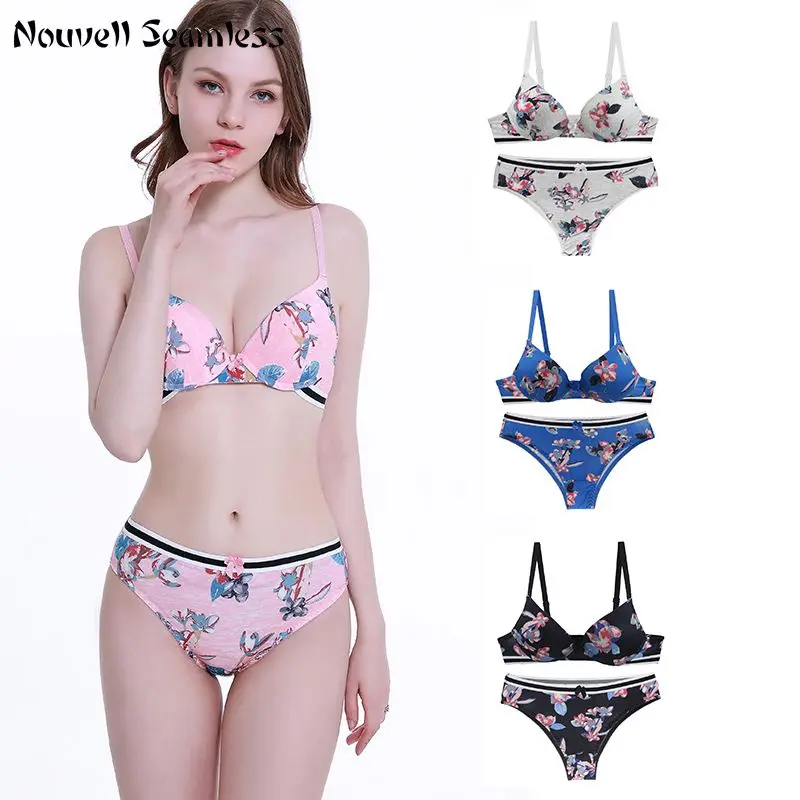 

Nouvelle Seamless New DE Women Plus Size Underwear Floral Print Lace Bralette Bras Set Push Up Lingerie