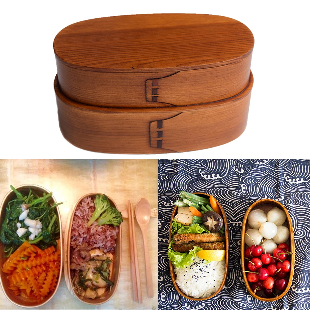 Natural Wooden Japanese Lunch Box Double Layer Bento Box Outdoor Picnic School Dinnerware Food Container Storage For Kid Student