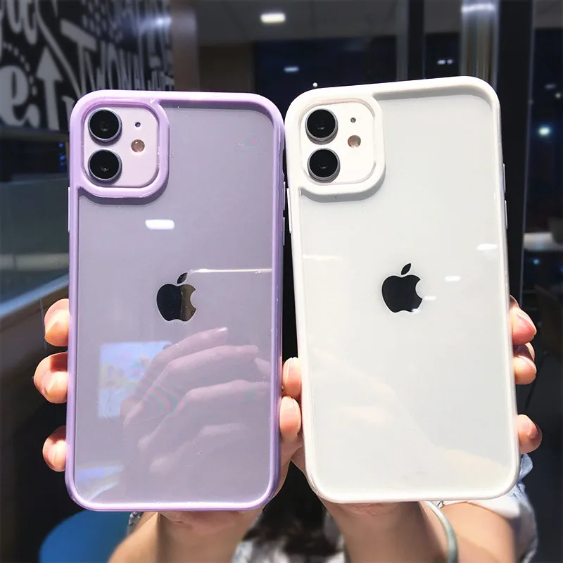 Transparent Shockproof Bumper Phone Case For iPhone 11 12 13 14 15 Pro Max Mini X XR XS Max 7 8 Plus Candy Color Hard Back Cover