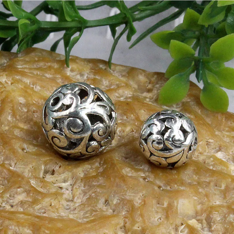 20pcs/Lot Antique Silver Color Hollow Ball Loose Beads 11mm 14mm Handmade Alloy Charm Round Space Beads DIY Jewelry Findings