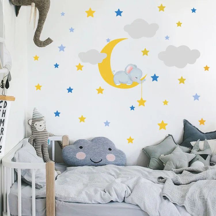 Cartoon Baby Elefant Mond Stern Wandaufkleber für Kinderzimmer Schlafzimmer Hintergrund Dekoration Wohnzimmer Dekoration Schöner Aufkleber – Detail 5