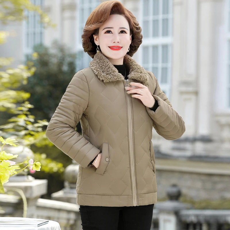 Winter Jacket Women Solid Plus Velvet Cotton Padded Coat  Thicken Short Lamb fur collar Jacket Middle-aged Female