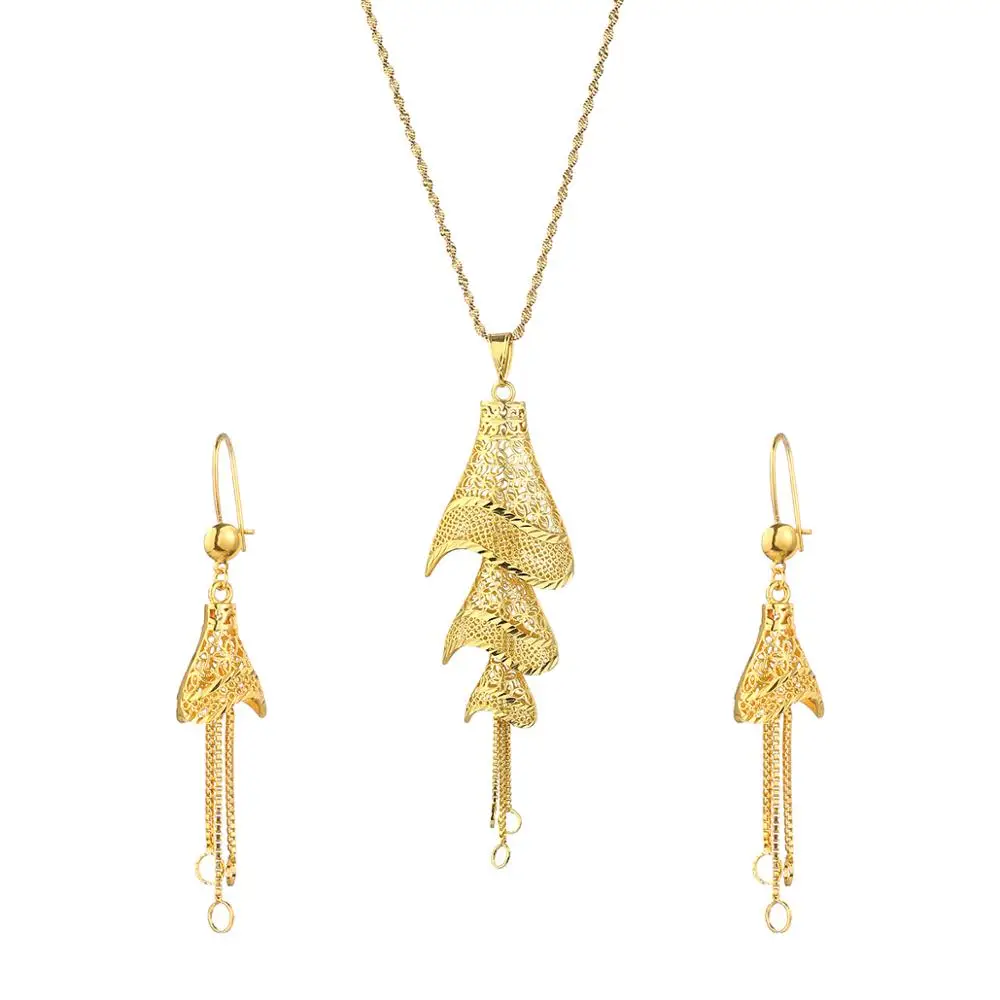 Ethiopian African Gold Color Pendant Necklaces Earrings Women Fulani Wedding Party Jewelry Set