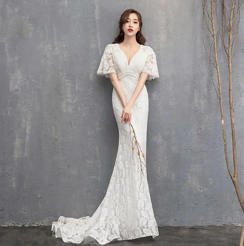 9148#2020 New Designs Empire Vintage Elegant Puff Sleeve V-Neck Simple Lace Wedding Gowns Dress Bridal Mermaid