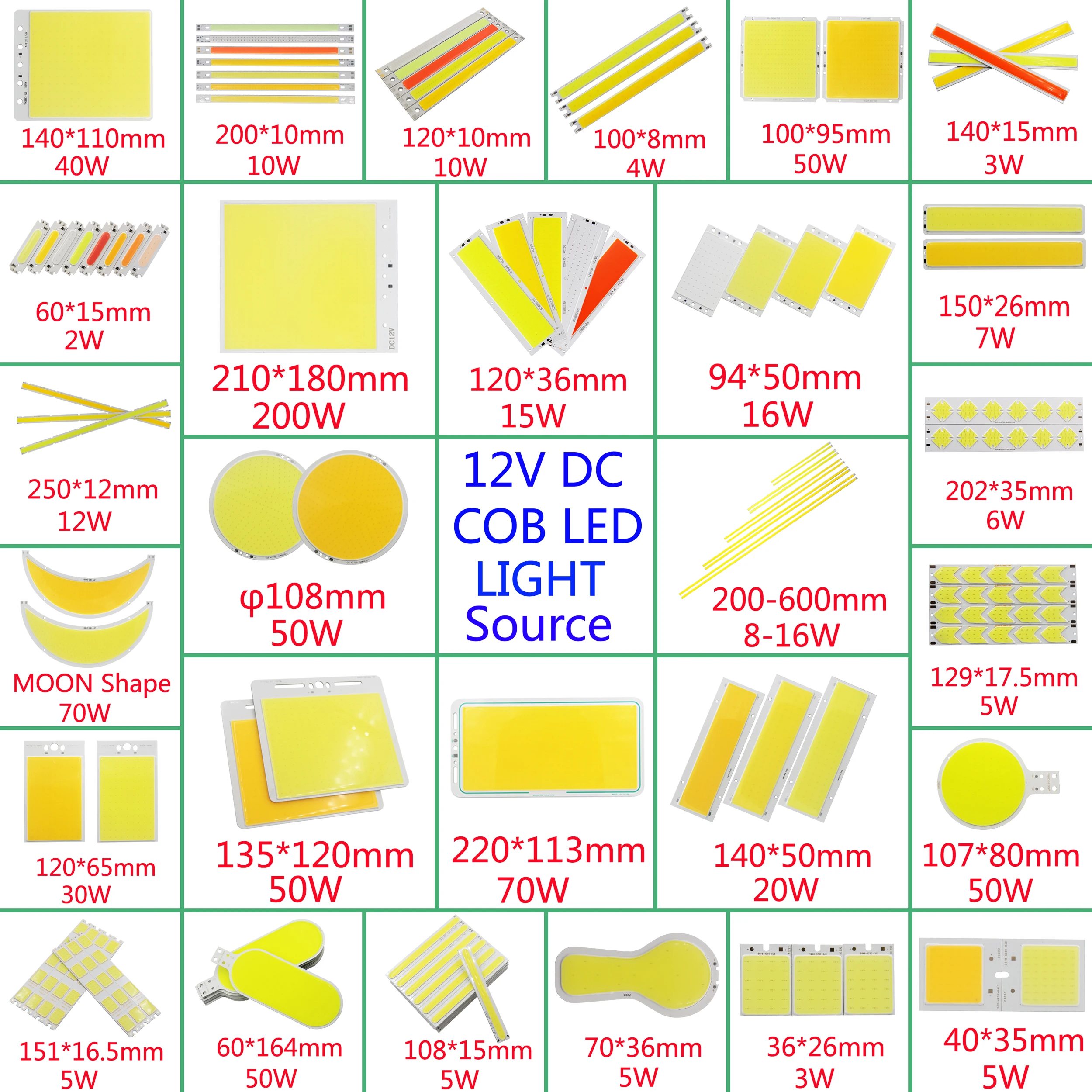 DC 12V 2 w-200 w rond cob pour bricolage led cob lampe panneau de diode électroluminescente auto ampoule cob barre de led