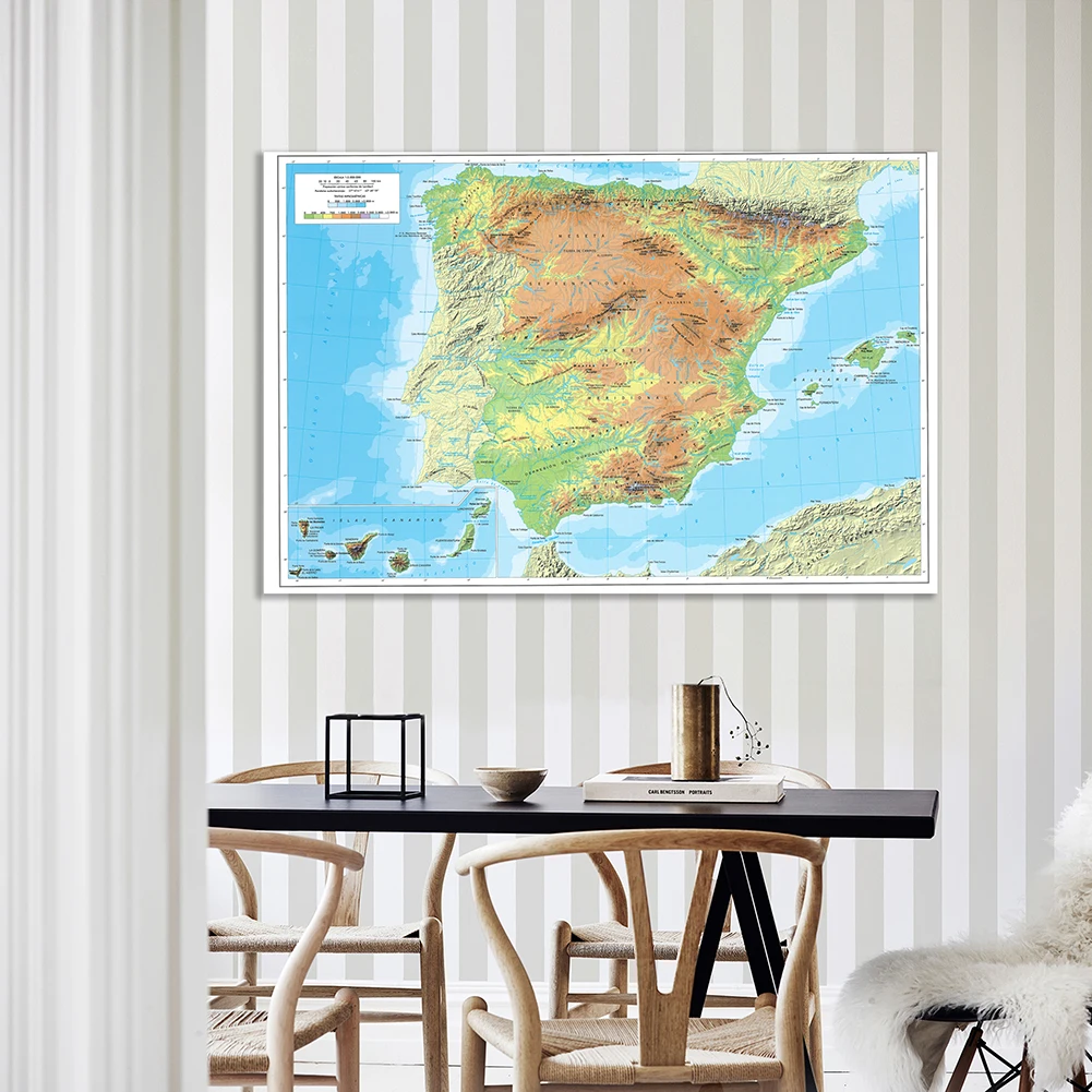 Toile Non tissée topographie de la carte de l'espagne, 150x100 cm (en espagnol), peinture murale, affiche d'art, fournitures scolaires, décoration de la maison