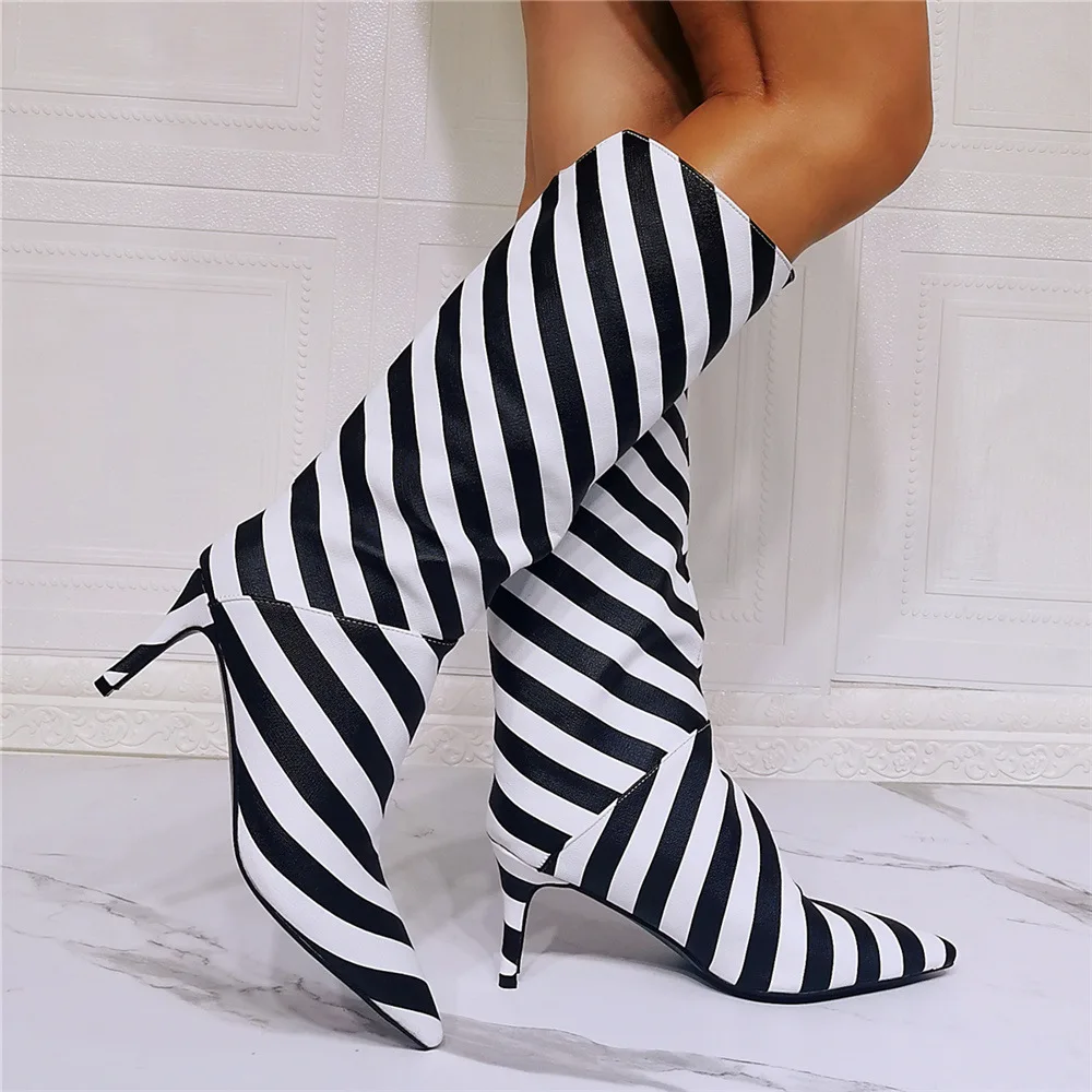 Kolnoo New Arrival Handmade Ladies Mid Calf Boots Zebra Style Pointed-toe Party Prom Half Boots Sexy Evening Club Fashion Shoes