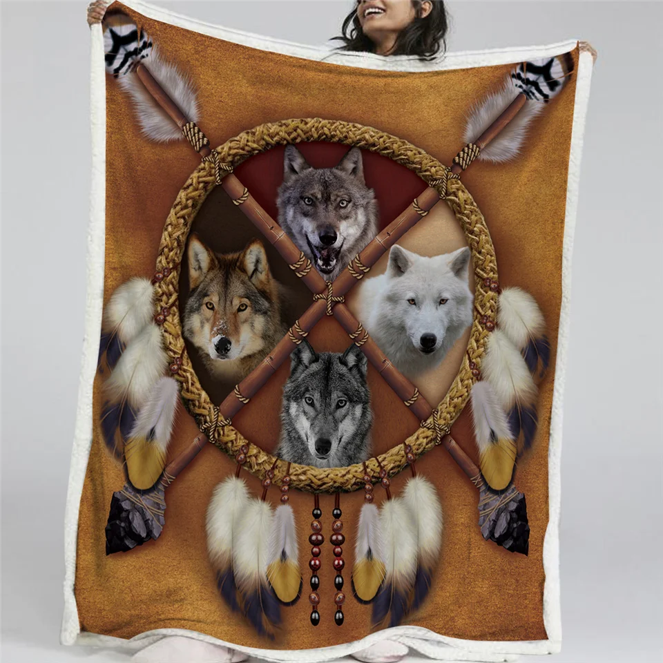 

BlessLiving Wolves Dreamcatcher Fleece Blanket Wolf Reversible Sherpa Throw Blanket on the Bed Wild Animal Tribal 150x200