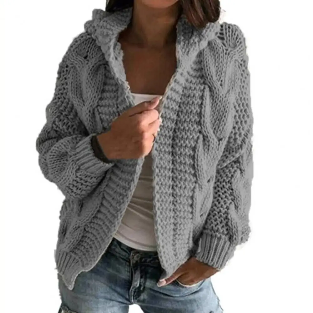 Loose Knitted Coat Long Sleeve V Neck Solid Color Twist Hooded Knitwear Cardigan for Office