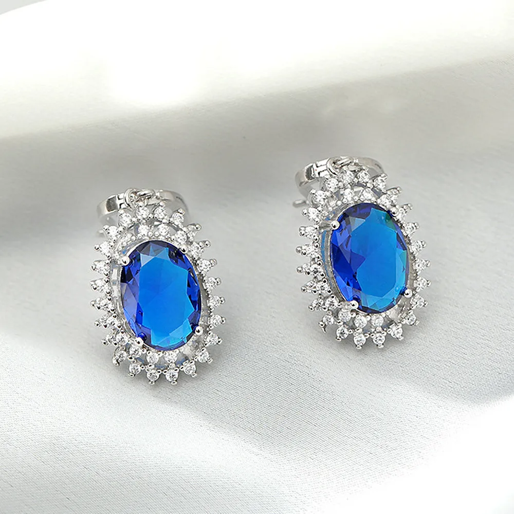 Luxury blue crystal sapphire gemstones diamonds drop earrings for women white gold silver color brincos jewelry evening party