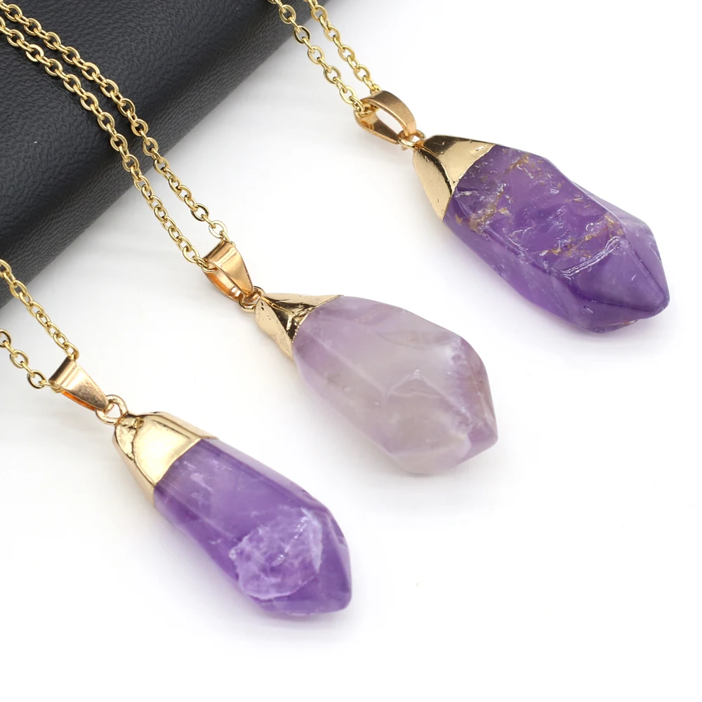 5PCS Wholesale Reiki Healing Natural Stone Rough Amethyst Pendant Necklace For Women Jewelry Fashion Necklaces Charm Gift