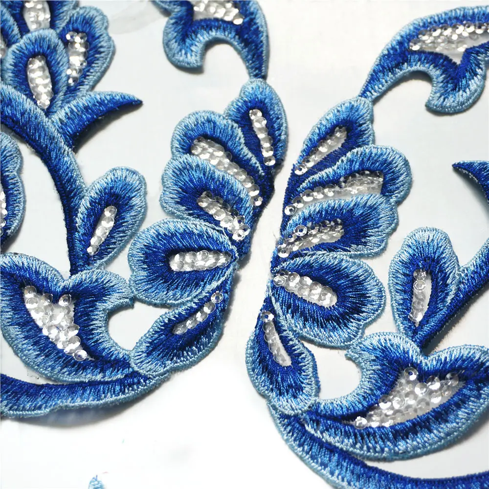 1 Set 4PCS Blue Embroidered Appliques Sequin Lace Fabric Baroque Gown Collar Sew On Patches For Wedding Decoration Dress DIY