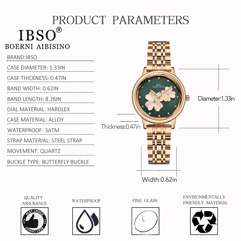 IBSO Clover 3D Luxury Green Women\'s Watches Rhinestone Dial Stainless Steel/Leather Strap Flower Geneva WristWatch Ladies Gifts