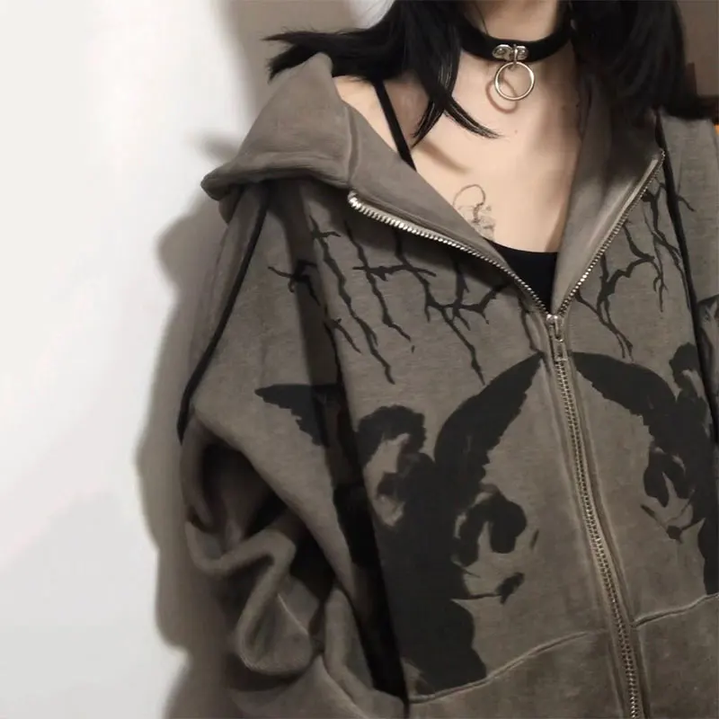 Chaqueta de gran tamaño con estampado de Ángel Vintage para mujer, sudadera de manga larga con cremallera, estética Y2K, abrigo de calle Grunge, Otoño e Invierno