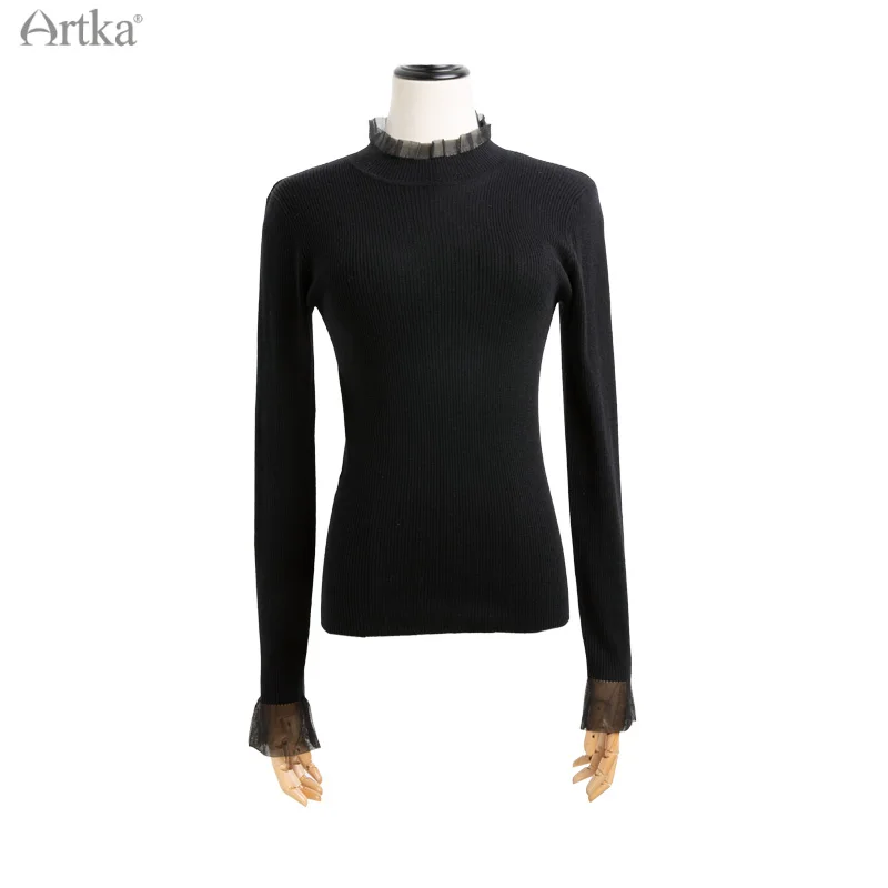 ARTKA 2021 Autumn New Women Knitwear Elegant Lace Stand Collar Pullover Wool Knitwear Soft Slim Black Knitting Sweater YB22018D