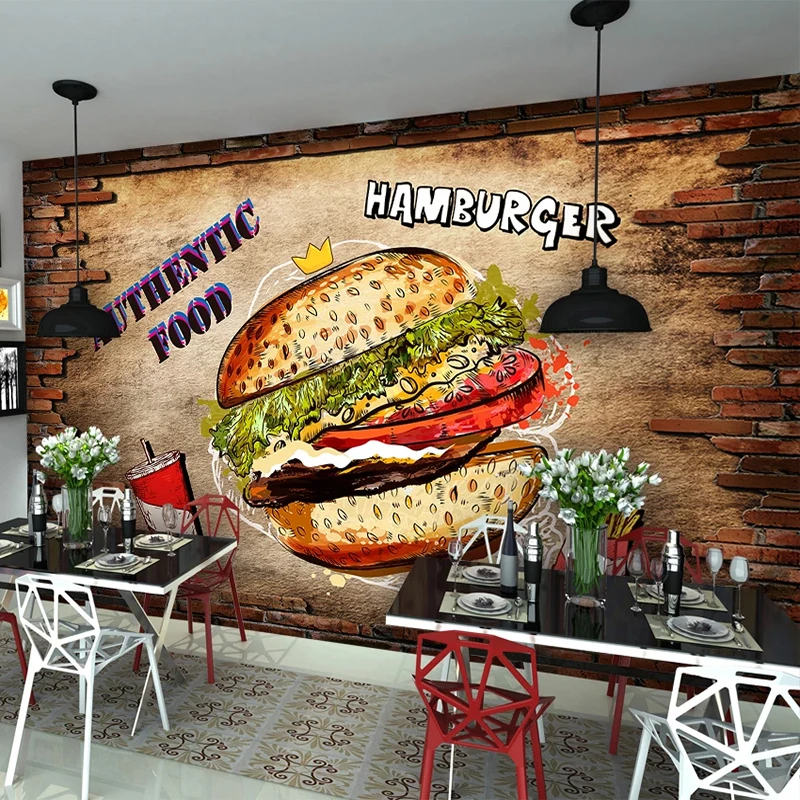 Custom Any Size Mural Wallpaper 3D Brick Wall Hamburger Fast Food Restaurant Kitchen Decor Backdrop Wall Removable Wall Sticker