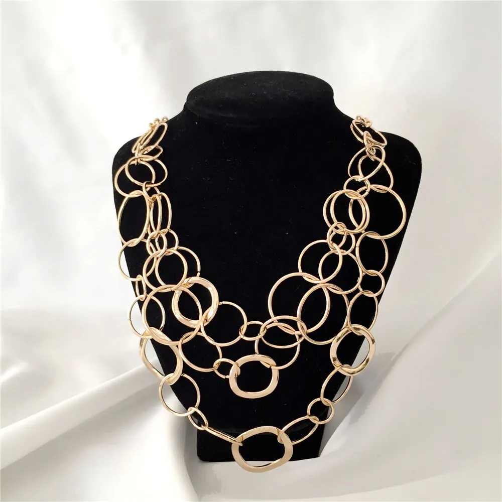 Bohemian Multi Layered Necklace for Women Vintage Gold Color Geometric Circle Linked Chain Necklace  Geometric Collier Collares