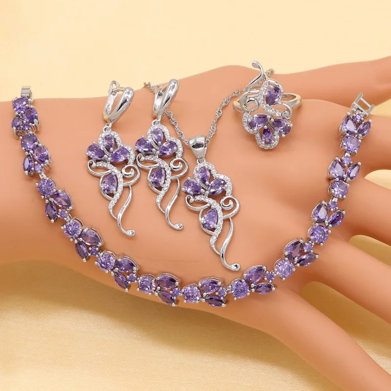 Sterling Silver Women Dubai Jewelry Sets Purple Cubic Zirconia Bracelet Geometric Earrings/Pendant/Necklace/Ring Free Gift