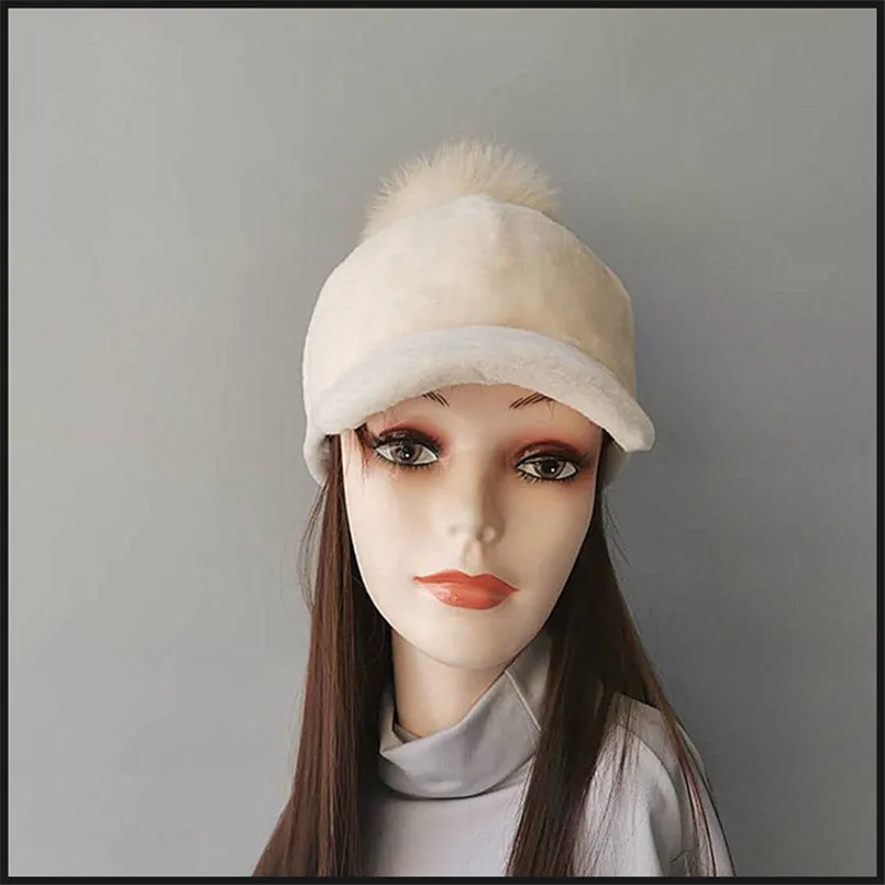 Women's Autumn Winter Korean Warm Real Lamb Fur Baseball Cap Ins Cute Plush Solid Color Pompom Hats