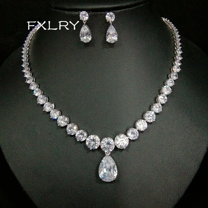 FXLRY Fashion Design White Color Water Drop Shaped Cubic Zirconia Bridal Jewelry Sets For Women Wedding Accessories Gifts