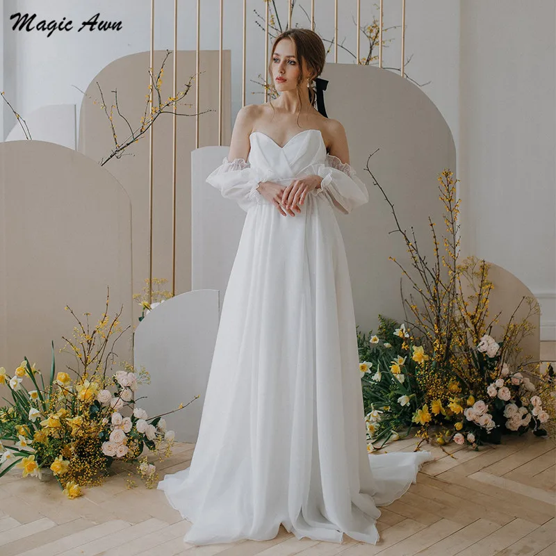 

Magic Awn Simple Chiffon Wedding Dresses Boho Detachable Puffy Sleeves Bow Sash Beach White Mariage Gowns Robe De Mariee