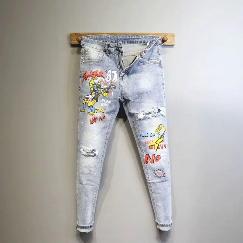 Hole Fashion Design Slim Vintage Pencil Pants Mens 2022 New Korean Style Pockets Letter Fashion Casual Ankle Length Jeans