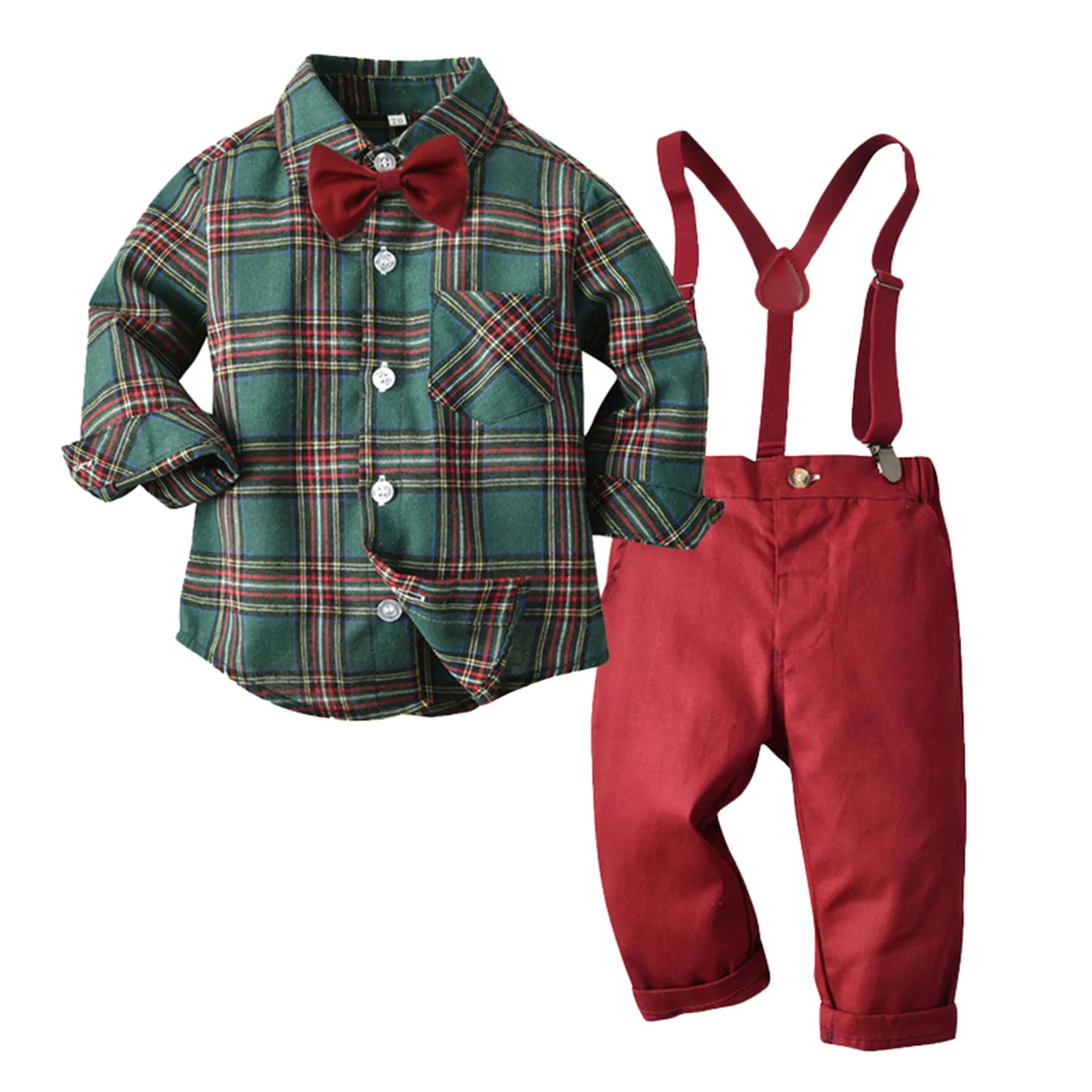 Baby Boy Clothes Set Formal Gentleman Lattice Shirt+Suspender Pant Infant Toddler Child Christmas Outfit Party 1-8Y