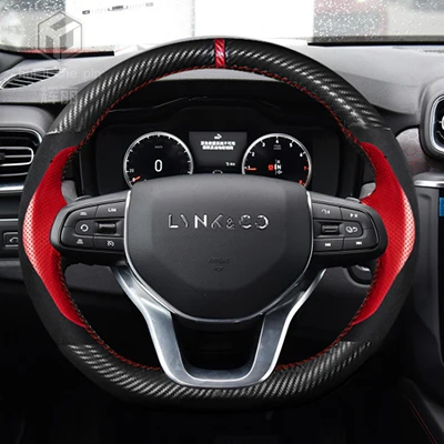 For LYNK & CO 01 06 02 03 05 DIY custom leather car steering wheel cover black suede carbon fiber grip cover