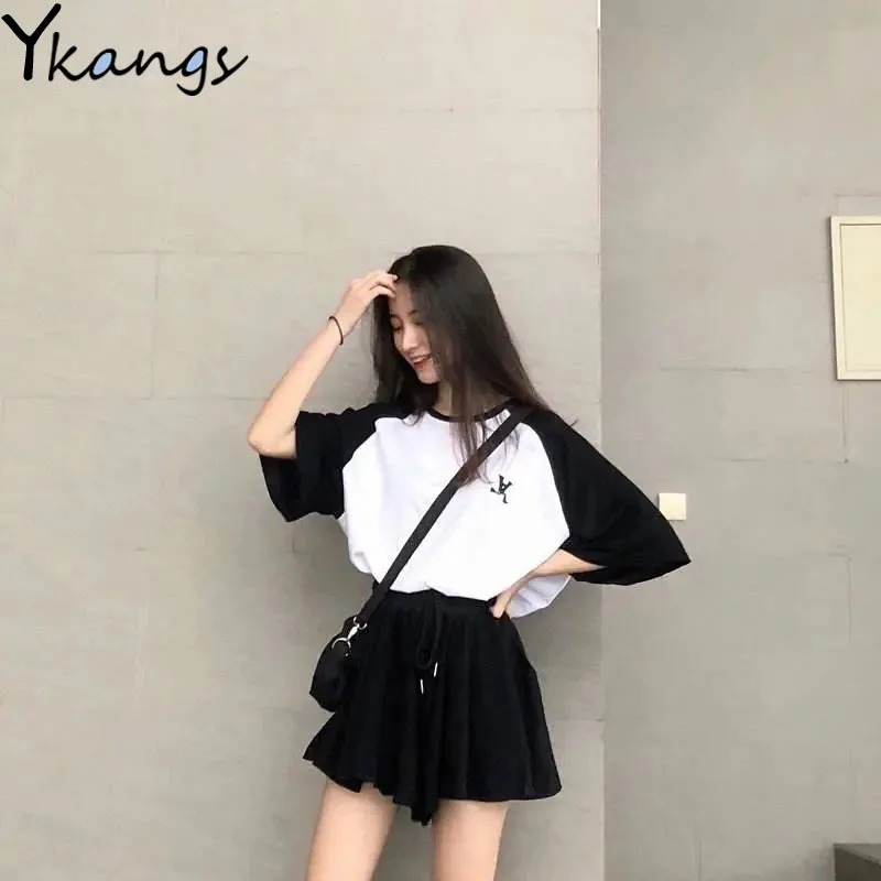 

Women's Tracksuit Stitching T-shirt Plus Size T-shirt Plus Size High Waist Wide Leg Shorts Suit Korean Casual Sports Suit Summer