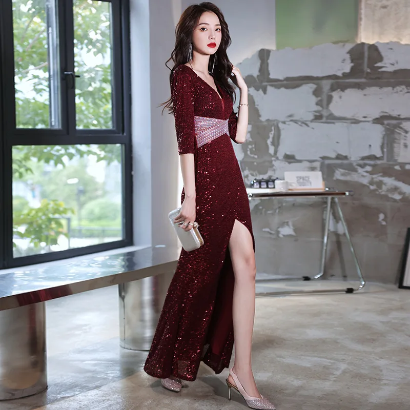 Sexy Half Sleeve Cheongsam V-Neck High Split Prom Party Dress Gown Bling Sequins Exquisite Qipao Floor Length Vestidos De Festa