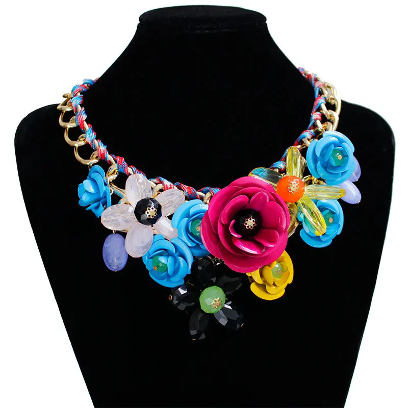 New Arrival Women exaggeration Flower Necklace Gem Pendant Rope Woven Necklace For Women Gift Ladies