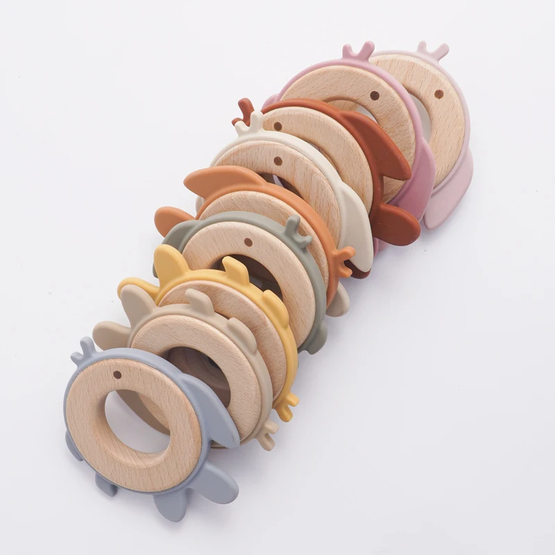 Cartoon Marine Life Wood Ring Teether Essential Toys Baby Shower Food Grade Silicone Neonatal Accessories