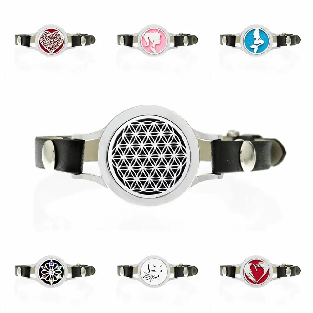 25mm Flower of Life Aroma Essential Oil Diffuser Charm Bracelet Women Twist PU Leather Bracelet 7 Colors Can Choose