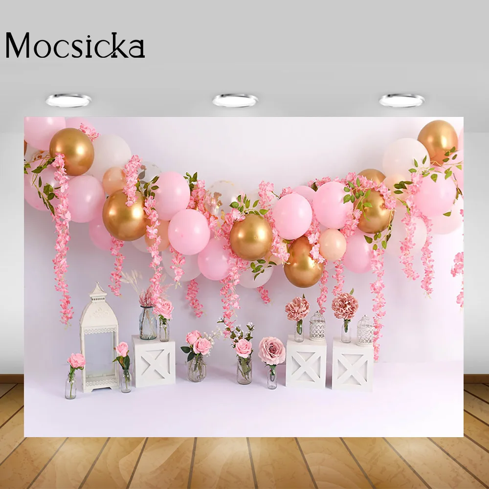 Pink Flowers Girl Birthday Portrait Backdrop Balloons White Wall Sweet Newborn Princess Cake Smash Photo Background Photoshoot