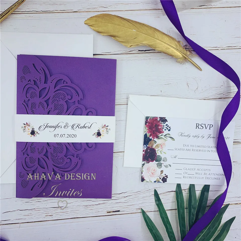 Gorgeous Purple Tri-fold Laser Cut Wedding Invite With Respond Card&Envelope