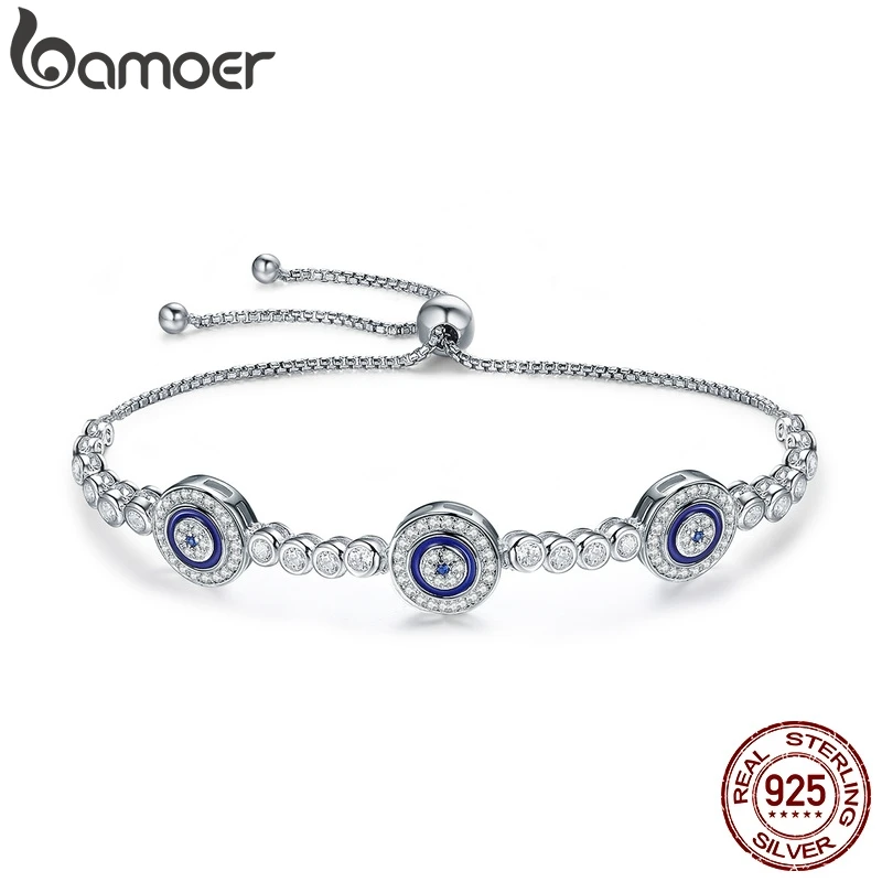 BAMOER Genuine 925 Sterling Silver Luxury Round Blue Evil Eyes Clear Cubic Zircon Crystal Tennis Bracelet Jewelry SCB002