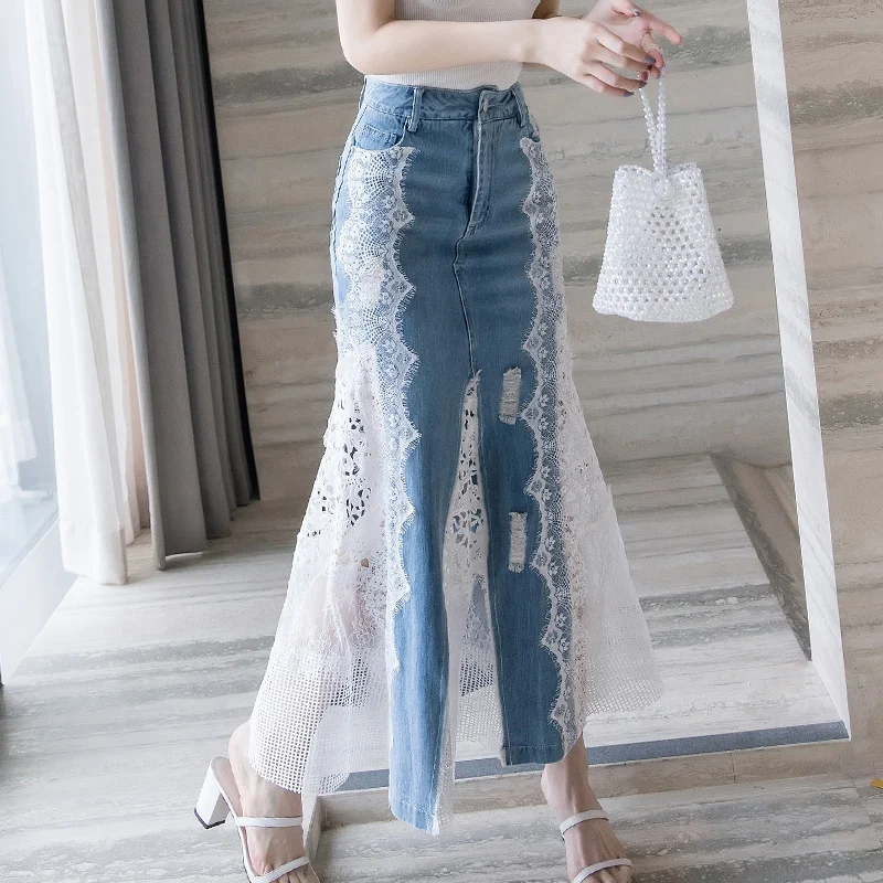 TIYIHAILEY Long Maxi Denim And Lace Fish Tail Skirt Women S-XL Mermaid Style High Waist Summer 2024 Fashion New Ladies Skirts