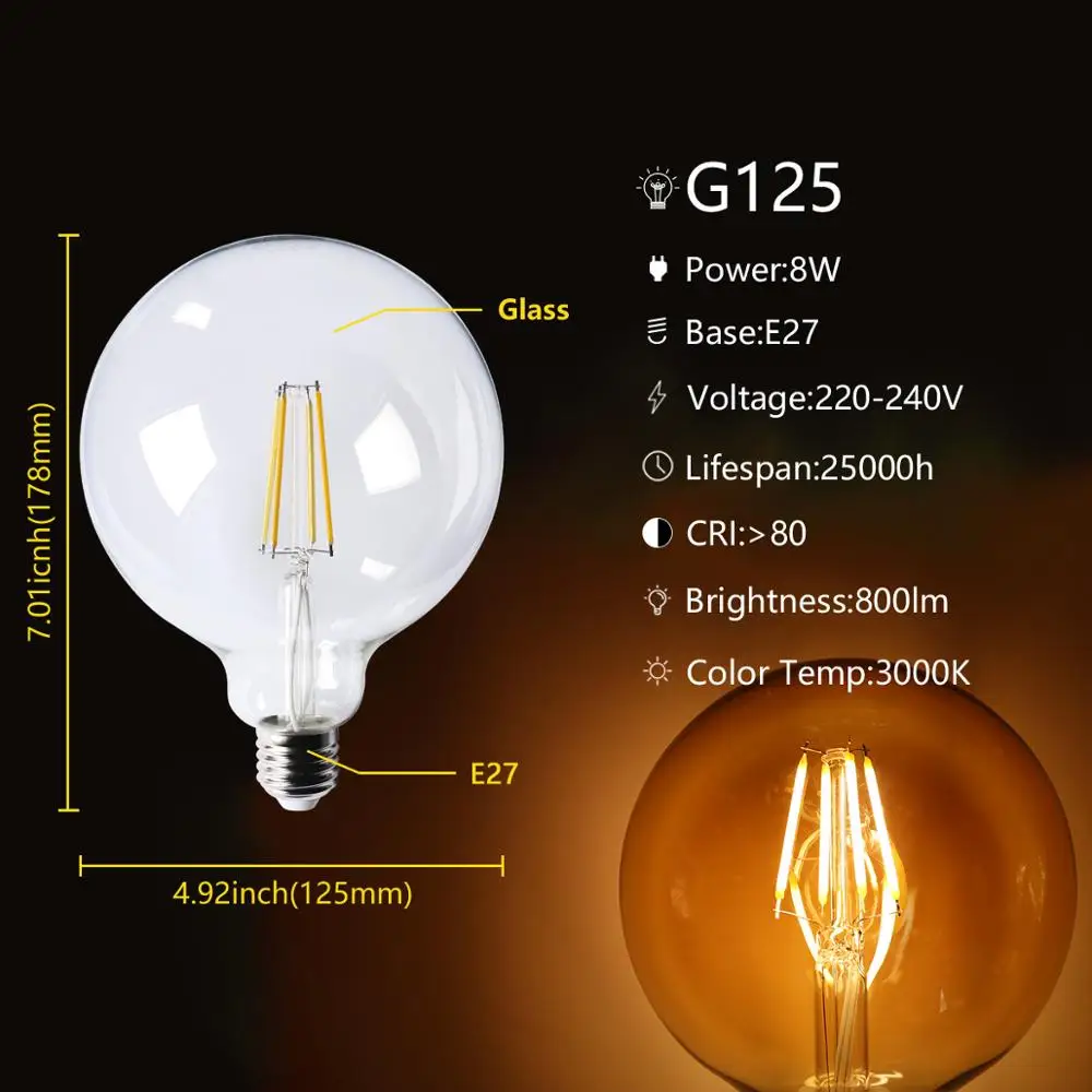 2PCS Factory Direct Chrismas Decor Retro Edison LED Filament Bulb G125 8W E27 Bombillas 220-240V Gold Glass Bulb Home Decoration