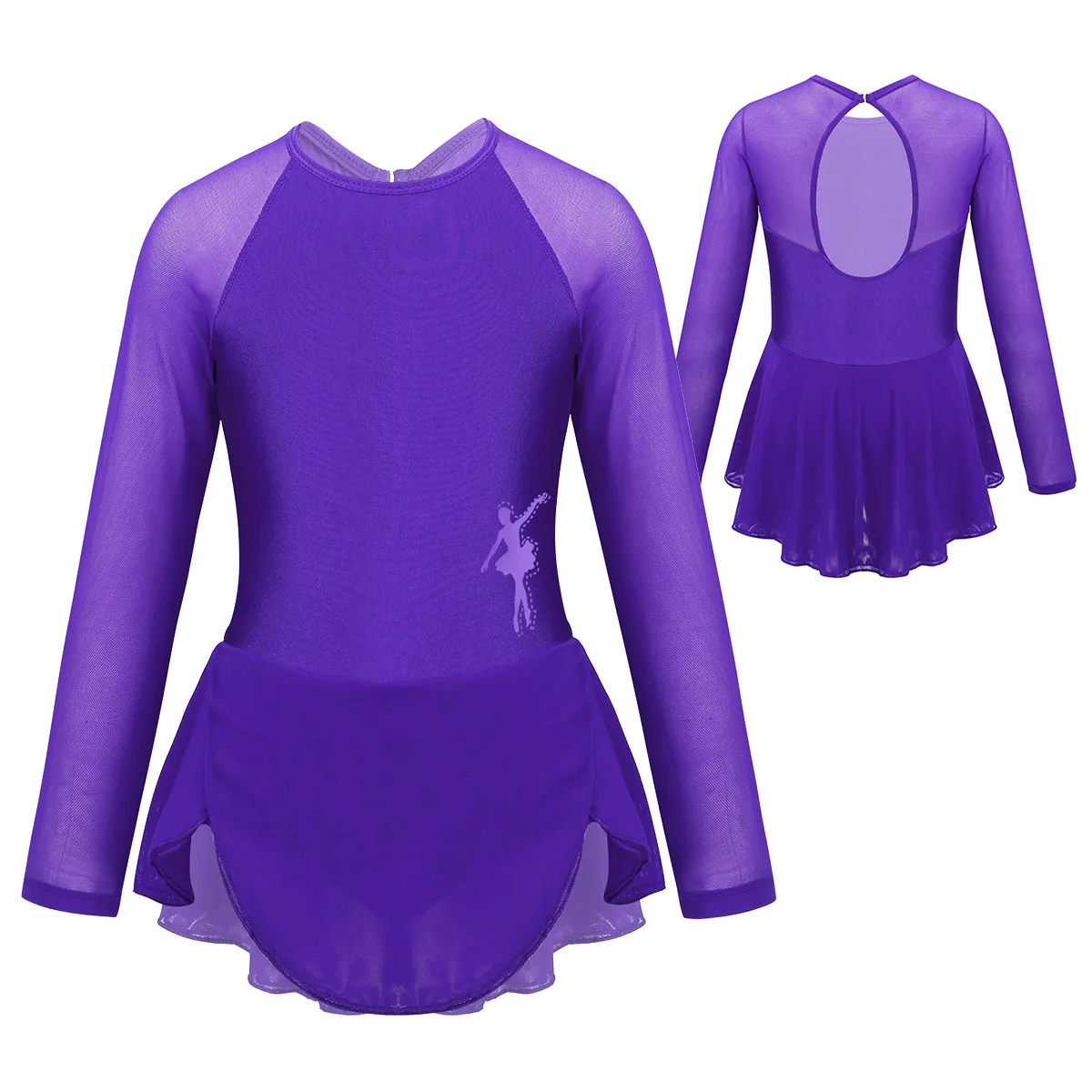 FEESHOW Ice Skating Dress Girls Kids Long Sleeves Tulle Dancing Costumes Figure Roller Skating Ballet Dance Leotard Dress