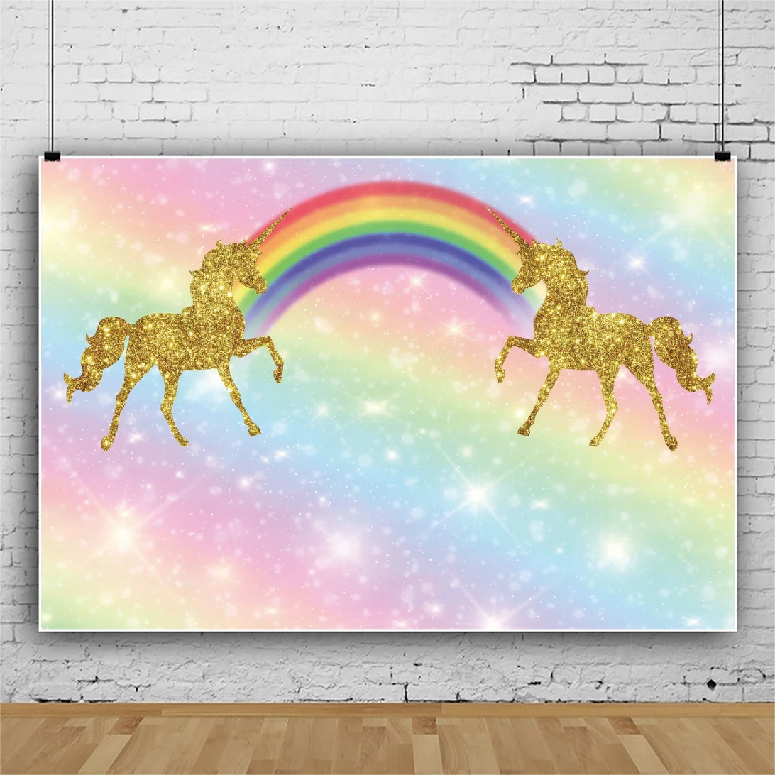 Laeacco золотой единорог Радуга день рождения фон для фотографии Блестящий горошек День Рождения Вечеринка фото фон фотостудия
